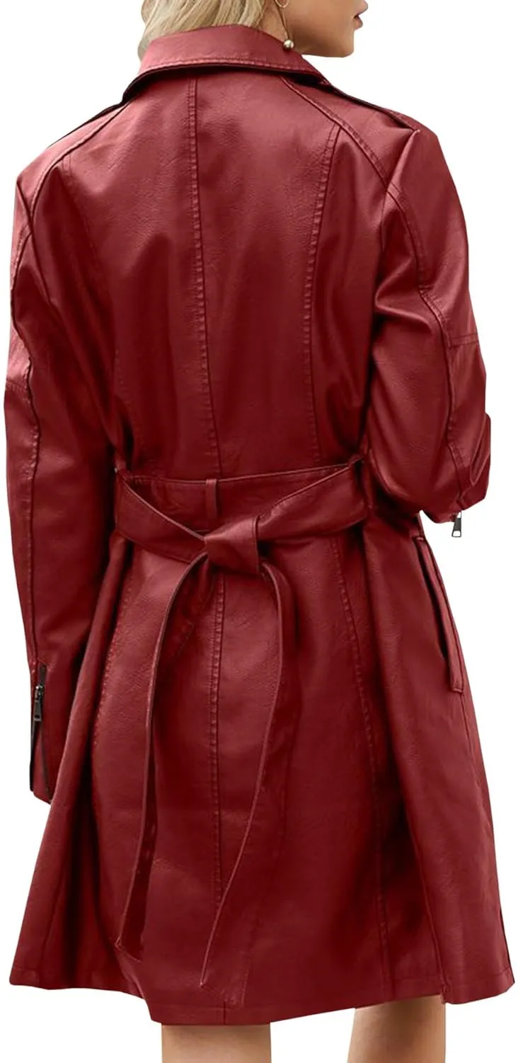 SOMTHRON Women's Mid Length Faux PU Leather Trench Coat Long Sleeve Zip Up Lapel Long Jacket Overcoat with Belt