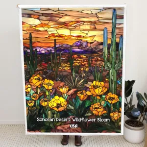 Sonoran Desert Wildflower Bloom-USA Landscape Stained Glass Fleece Blanket – Colorful Scenic Travel Destination Throw – Soft Cozy Lightweight Blanket for Couch, Bed, Sofa, Home Décor i5DF6N