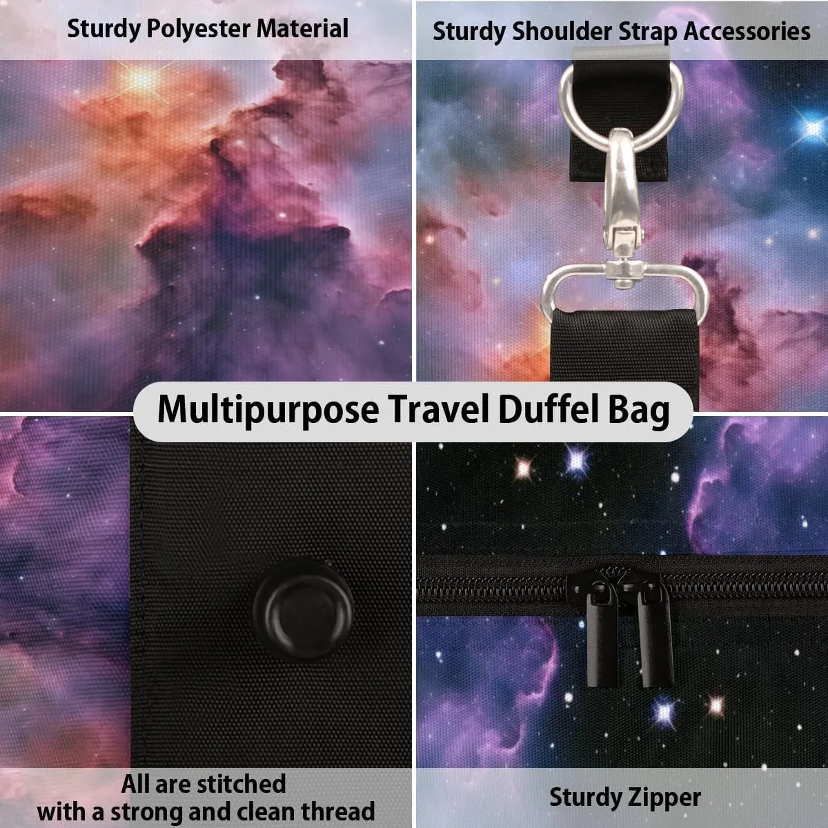 Space Travel Duffle Bag, Sports Gym Bags for Women Men, Carry On Weekender Overnight Bag, Galaxy Outer Nebula Stars Workout Hospital Airplane Trips Bag