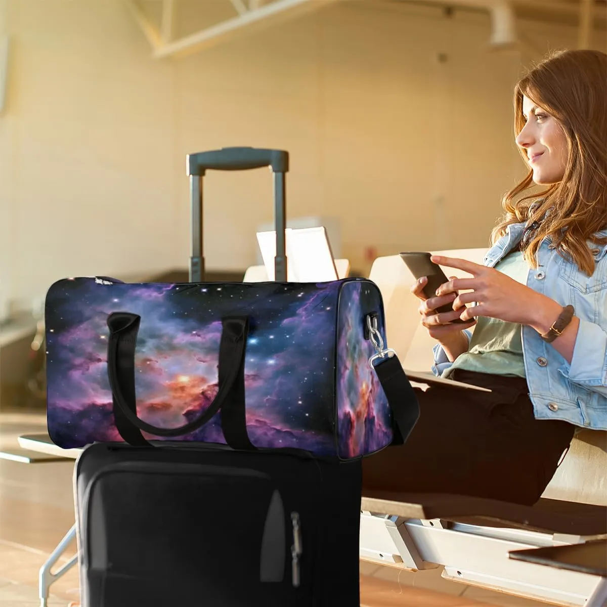 Space Travel Duffle Bag, Sports Gym Bags for Women Men, Carry On Weekender Overnight Bag, Galaxy Outer Nebula Stars Workout Hospital Airplane Trips Bag