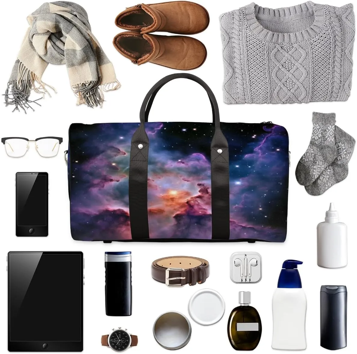 Space Travel Duffle Bag, Sports Gym Bags for Women Men, Carry On Weekender Overnight Bag, Galaxy Outer Nebula Stars Workout Hospital Airplane Trips Bag