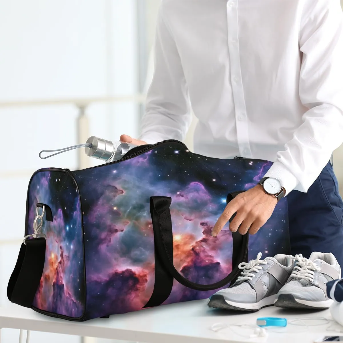 Space Travel Duffle Bag, Sports Gym Bags for Women Men, Carry On Weekender Overnight Bag, Galaxy Outer Nebula Stars Workout Hospital Airplane Trips Bag