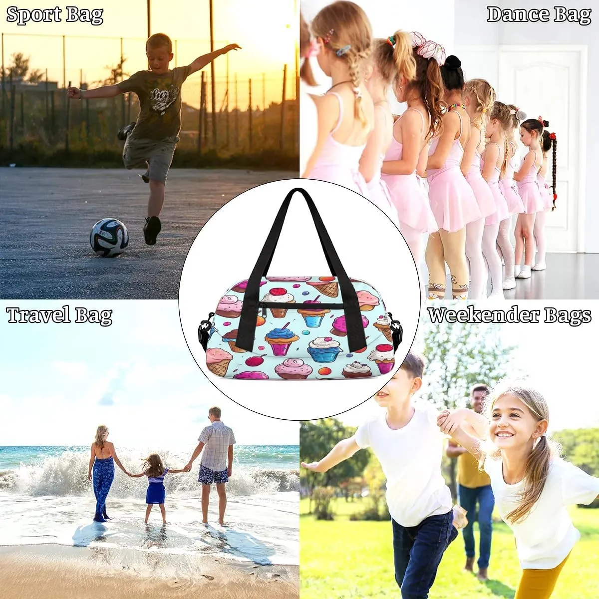 Sport Duffel Bag Sweet Ice Cream Kids Gym Bag Weekender Overnight Bags for Boys Girls Teens Carry On Workout Travel Bag