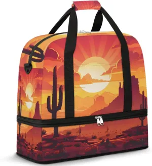 Sports Duffel Bag, Foldable Sunrise Sunset Mountain Travel Duffel Bag, Gym Yoga Beach Bag Weekender Overnight Bag with Shoes Compartment for Men Women, Tropical Cactus