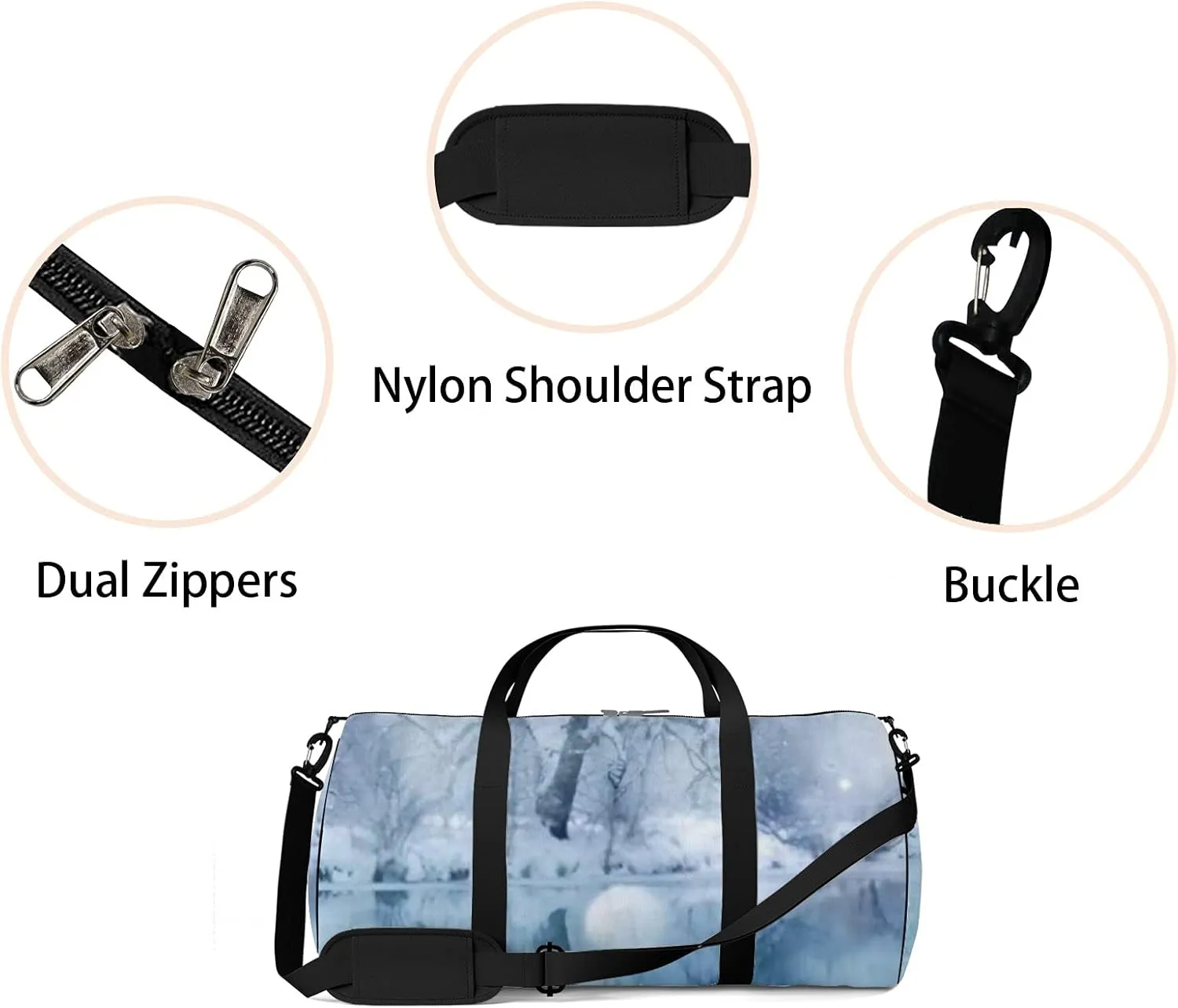 Sports Gym Bag for Women and Men Waterproof Winter River Snowfall Duffel Bag Lightweight Carryon Traveling Boarding Gripsack