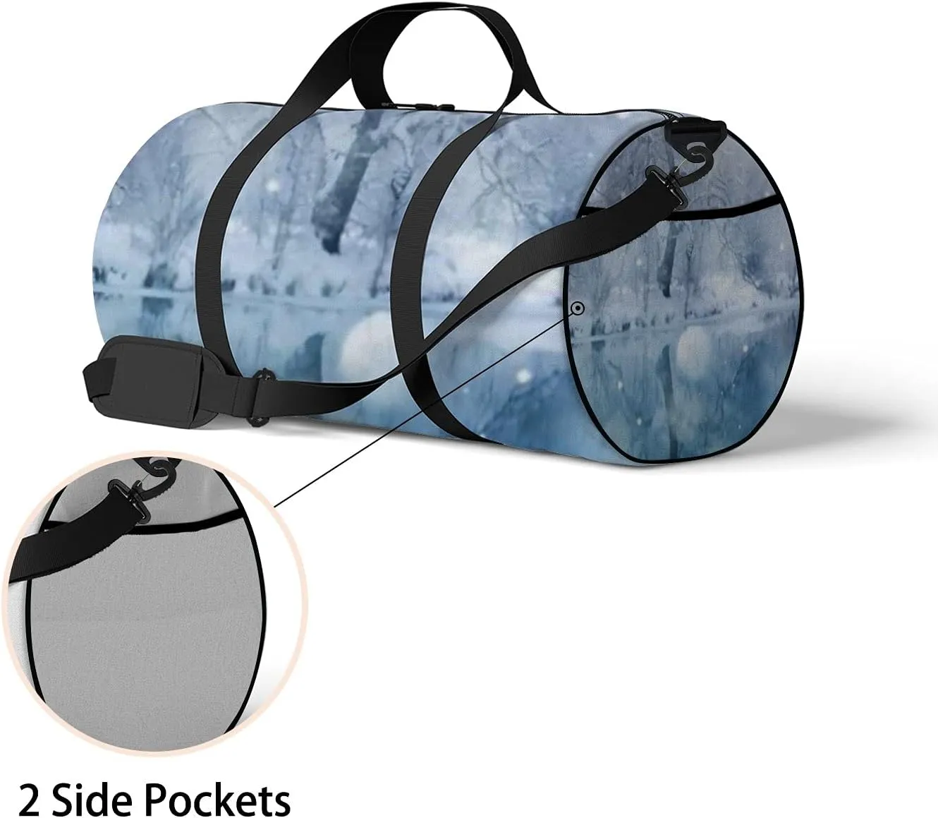 Sports Gym Bag for Women and Men Waterproof Winter River Snowfall Duffel Bag Lightweight Carryon Traveling Boarding Gripsack