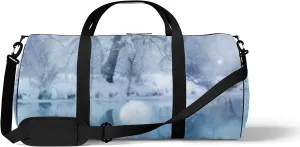 Sports Gym Bag for Women and Men Waterproof Winter River Snowfall Duffel Bag Lightweight Carryon Traveling Boarding Gripsack