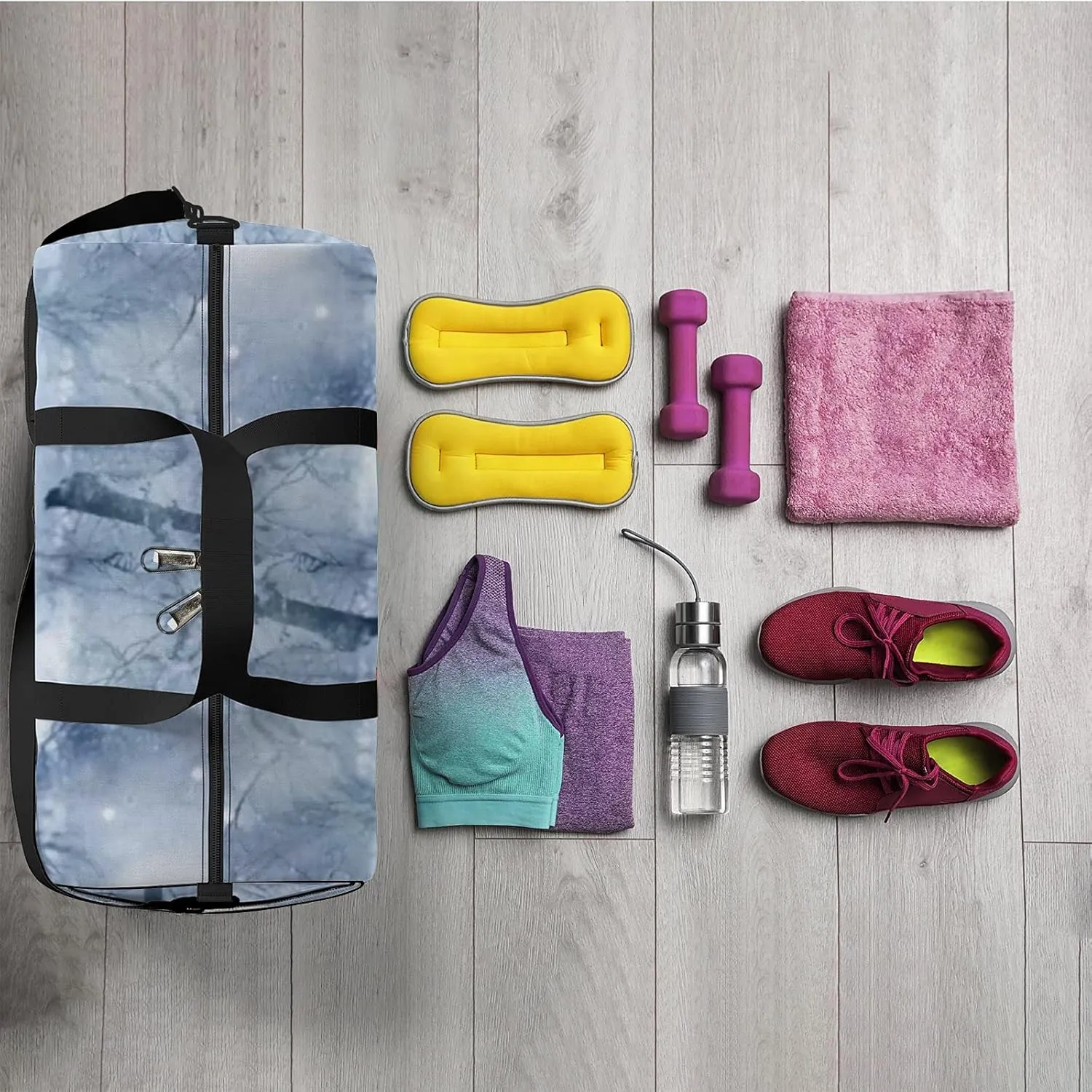 Sports Gym Bag for Women and Men Waterproof Winter River Snowfall Duffel Bag Lightweight Carryon Traveling Boarding Gripsack