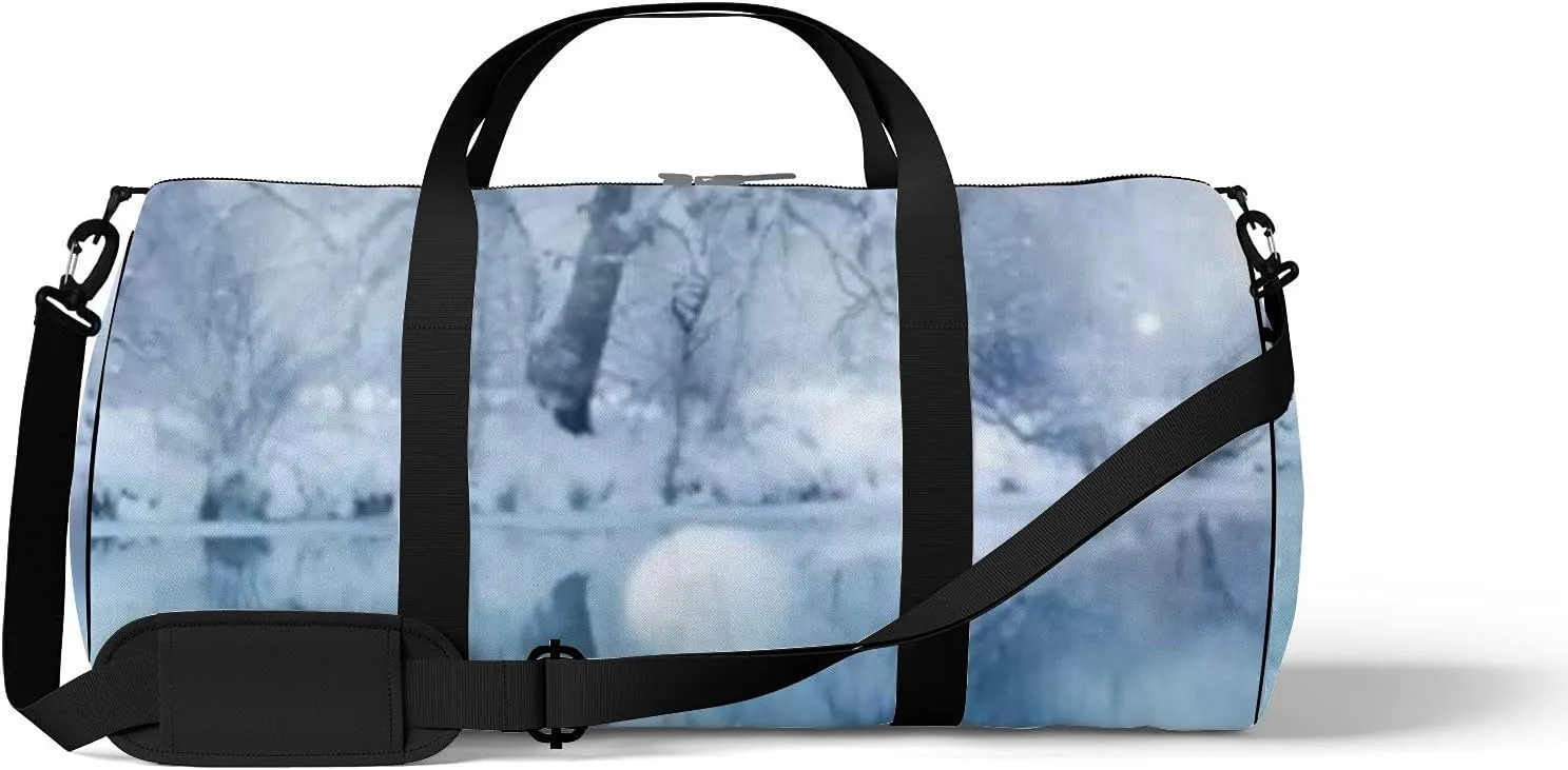 Sports Gym Bag for Women and Men Waterproof Winter River Snowfall Duffel Bag Lightweight Carryon Traveling Boarding Gripsack