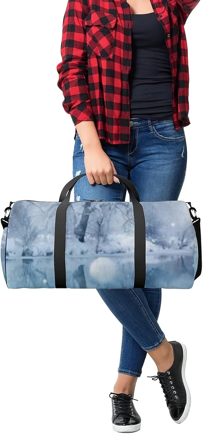 Sports Gym Bag for Women and Men Waterproof Winter River Snowfall Duffel Bag Lightweight Carryon Traveling Boarding Gripsack