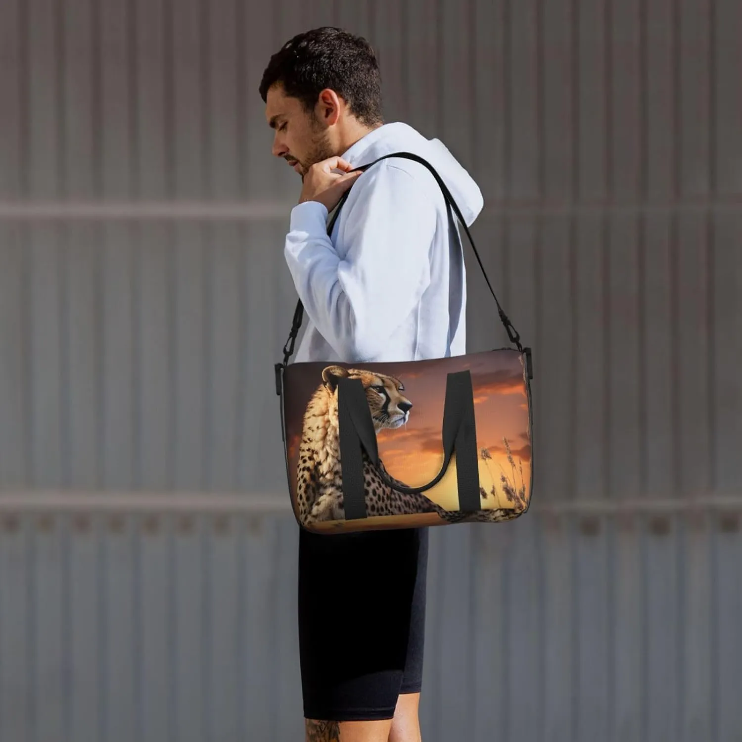 Sports Gym Bag for Women Men Travel Duffel Bag Tote Weekender Bag Carry on Overnight Bag for Travel Swimming Fitness Workout Sports Cheetah Looking Out Over Savanna with Sunset Duffle Bag