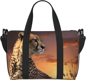 Sports Gym Bag for Women Men Travel Duffel Bag Tote Weekender Bag Carry on Overnight Bag for Travel Swimming Fitness Workout Sports Cheetah Looking Out Over Savanna with Sunset Duffle Bag