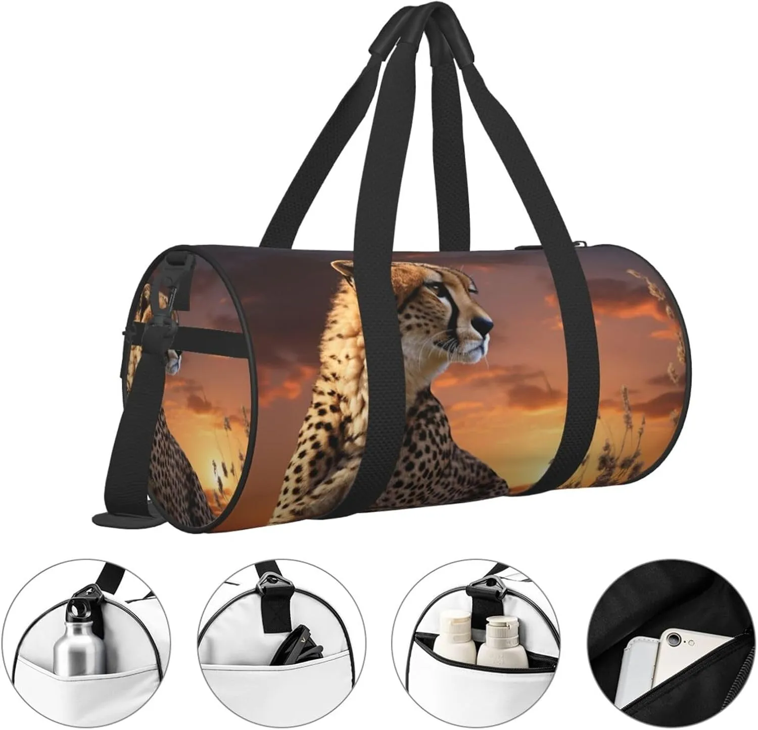 Sports Gym Bag for Women Men Travel Duffel Bag Tote Weekender Bag Carry on Overnight Bag for Travel Swimming Fitness Workout Sports Cheetah Looking Out Over Savanna with Sunset Duffle Bag