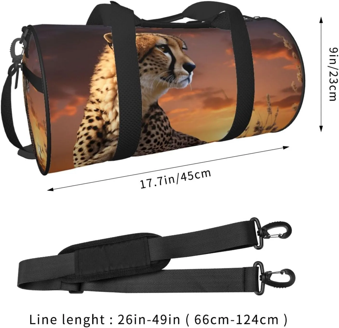 Sports Gym Bag for Women Men Travel Duffel Bag Tote Weekender Bag Carry on Overnight Bag for Travel Swimming Fitness Workout Sports Cheetah Looking Out Over Savanna with Sunset Duffle Bag