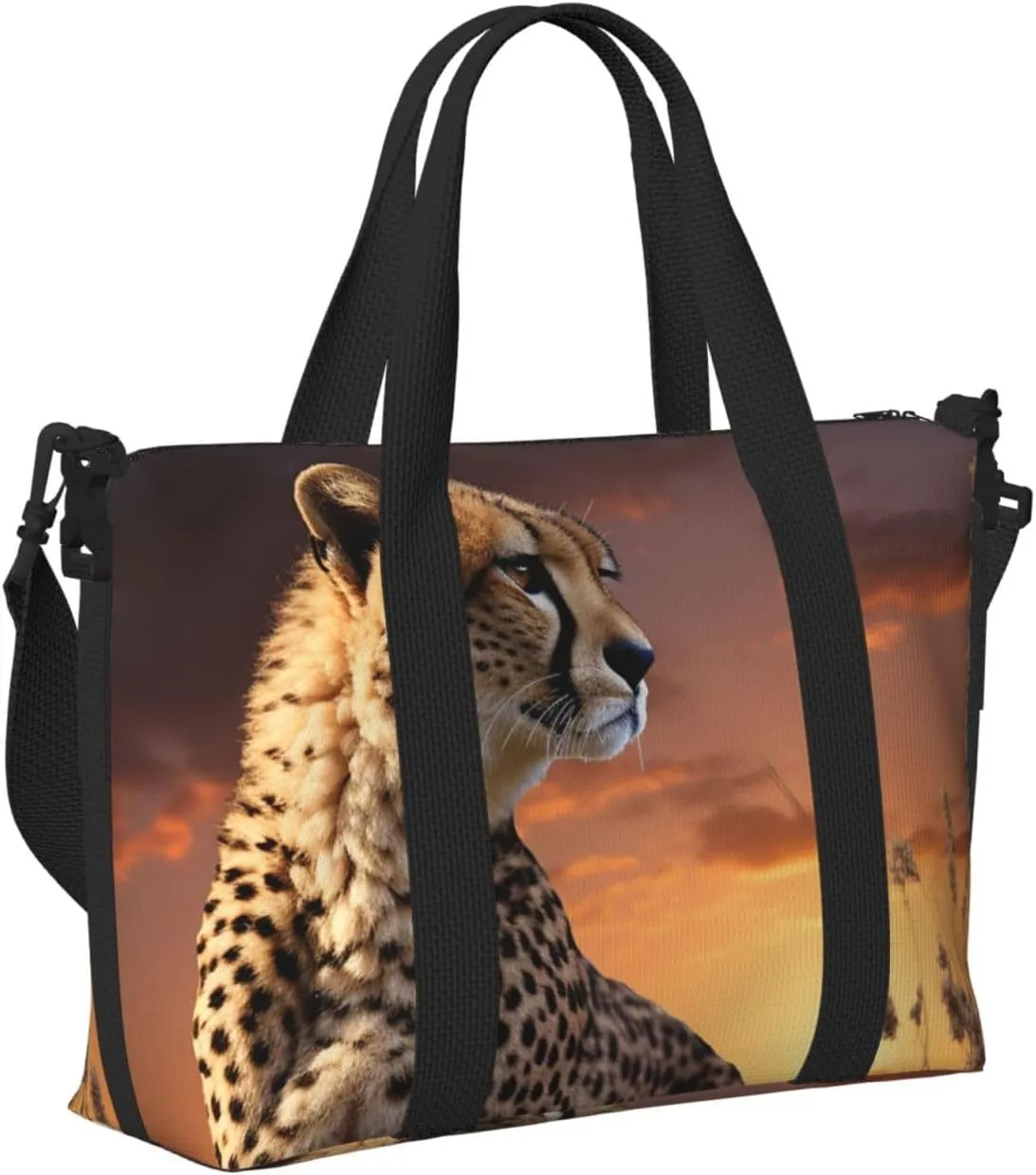 Sports Gym Bag for Women Men Travel Duffel Bag Tote Weekender Bag Carry on Overnight Bag for Travel Swimming Fitness Workout Sports Cheetah Looking Out Over Savanna with Sunset Duffle Bag