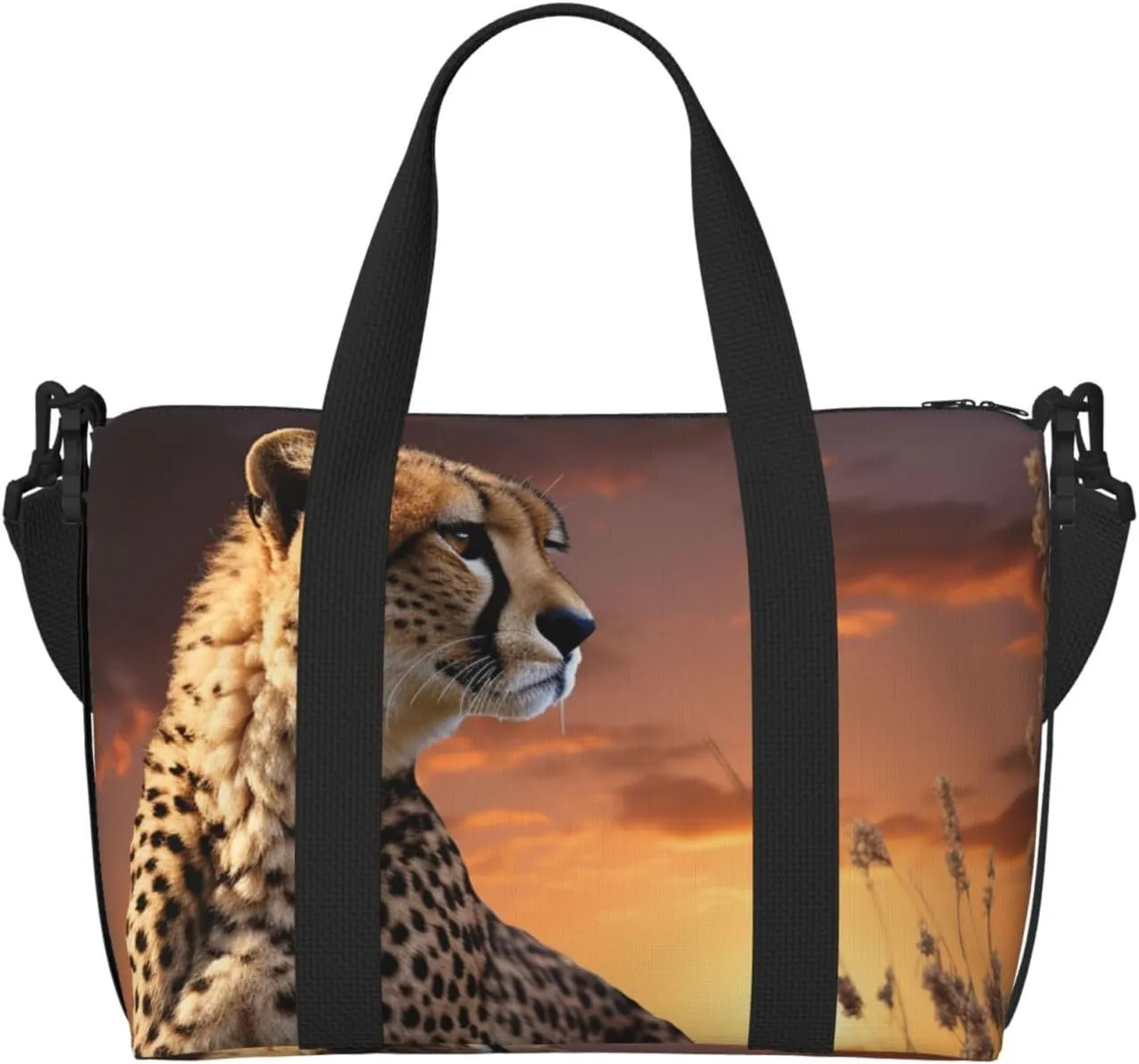 Sports Gym Bag for Women Men Travel Duffel Bag Tote Weekender Bag Carry on Overnight Bag for Travel Swimming Fitness Workout Sports Cheetah Looking Out Over Savanna with Sunset Duffle Bag