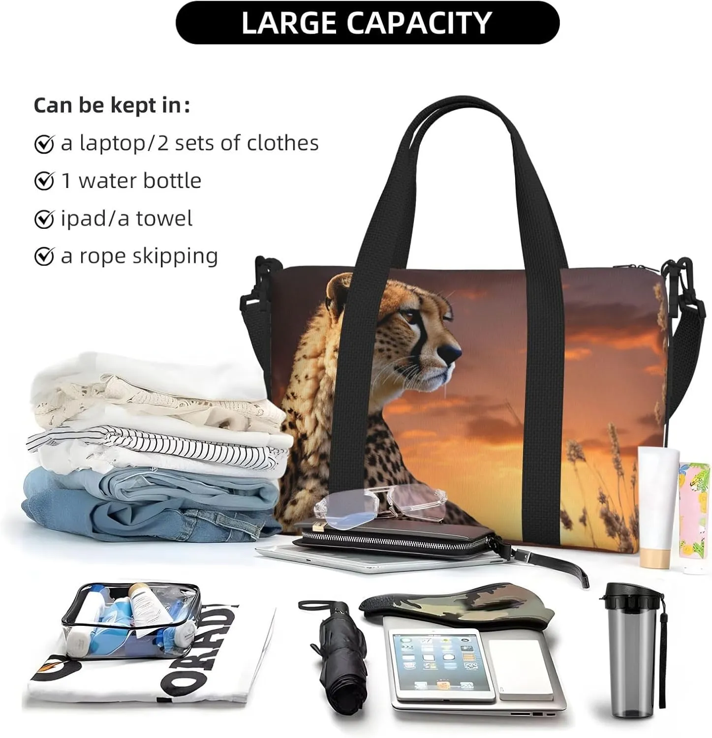 Sports Gym Bag for Women Men Travel Duffel Bag Tote Weekender Bag Carry on Overnight Bag for Travel Swimming Fitness Workout Sports Cheetah Looking Out Over Savanna with Sunset Duffle Bag
