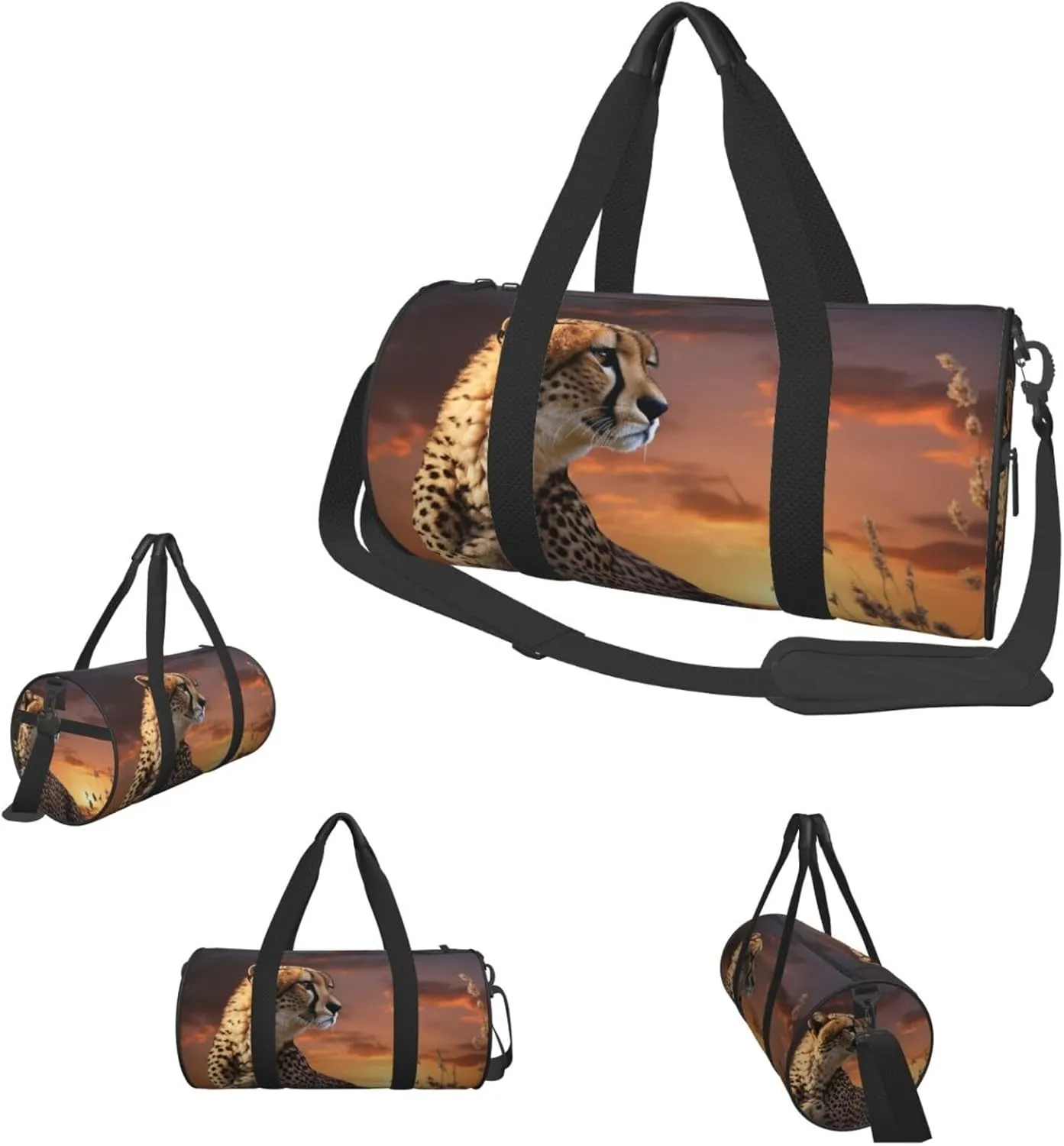Sports Gym Bag for Women Men Travel Duffel Bag Tote Weekender Bag Carry on Overnight Bag for Travel Swimming Fitness Workout Sports Cheetah Looking Out Over Savanna with Sunset Duffle Bag