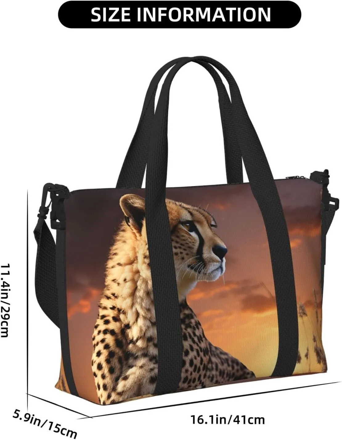 Sports Gym Bag for Women Men Travel Duffel Bag Tote Weekender Bag Carry on Overnight Bag for Travel Swimming Fitness Workout Sports Cheetah Looking Out Over Savanna with Sunset Duffle Bag