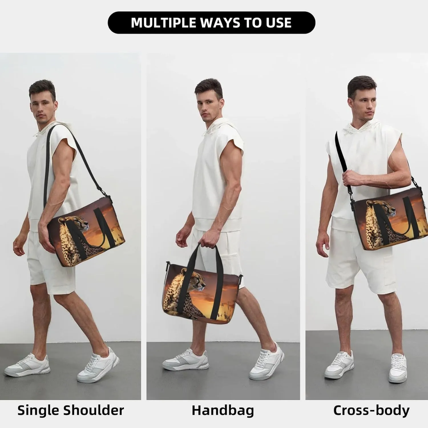 Sports Gym Bag for Women Men Travel Duffel Bag Tote Weekender Bag Carry on Overnight Bag for Travel Swimming Fitness Workout Sports Cheetah Looking Out Over Savanna with Sunset Duffle Bag
