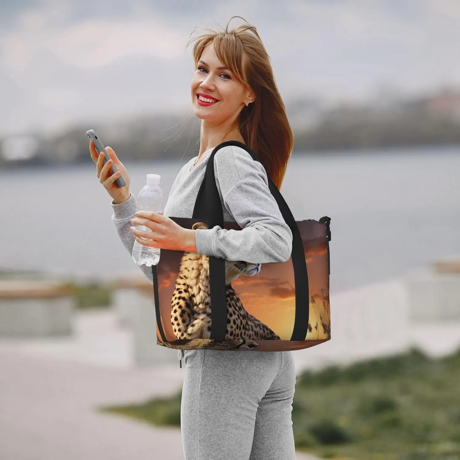 Sports Gym Bag for Women Men Travel Duffel Bag Tote Weekender Bag Carry on Overnight Bag for Travel Swimming Fitness Workout Sports Cheetah Looking Out Over Savanna with Sunset Duffle Bag