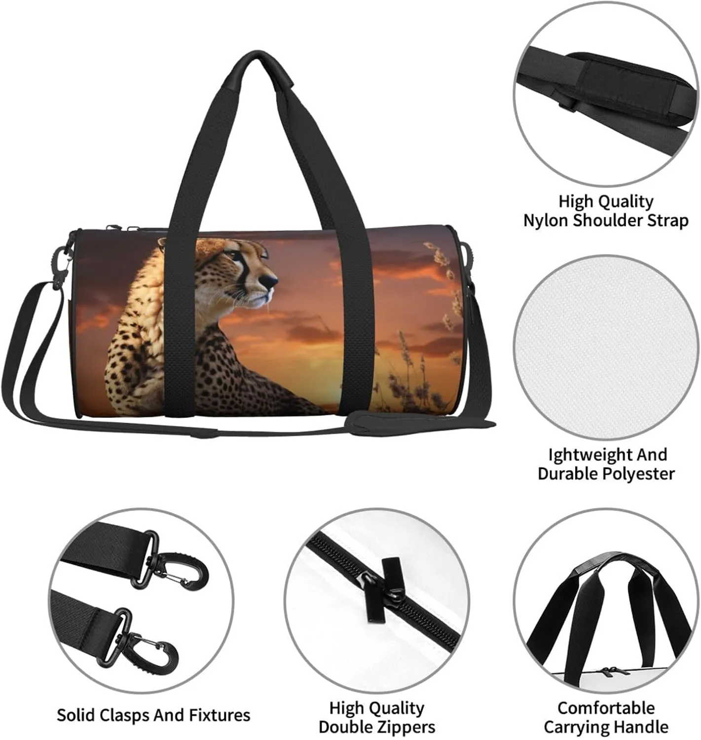 Sports Gym Bag for Women Men Travel Duffel Bag Tote Weekender Bag Carry on Overnight Bag for Travel Swimming Fitness Workout Sports Cheetah Looking Out Over Savanna with Sunset Duffle Bag