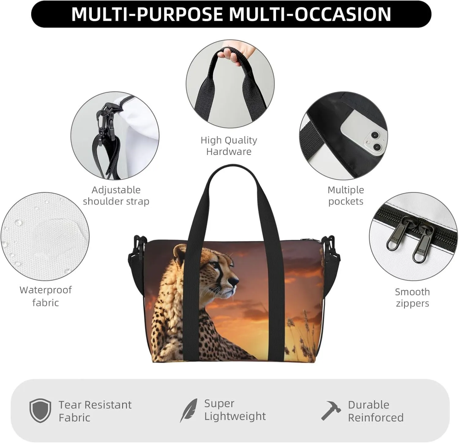 Sports Gym Bag for Women Men Travel Duffel Bag Tote Weekender Bag Carry on Overnight Bag for Travel Swimming Fitness Workout Sports Cheetah Looking Out Over Savanna with Sunset Duffle Bag