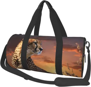 Sports Gym Bag for Women Men Travel Duffel Bag Tote Weekender Bag Carry on Overnight Bag for Travel Swimming Fitness Workout Sports Cheetah Looking Out Over Savanna with Sunset Duffle Bag