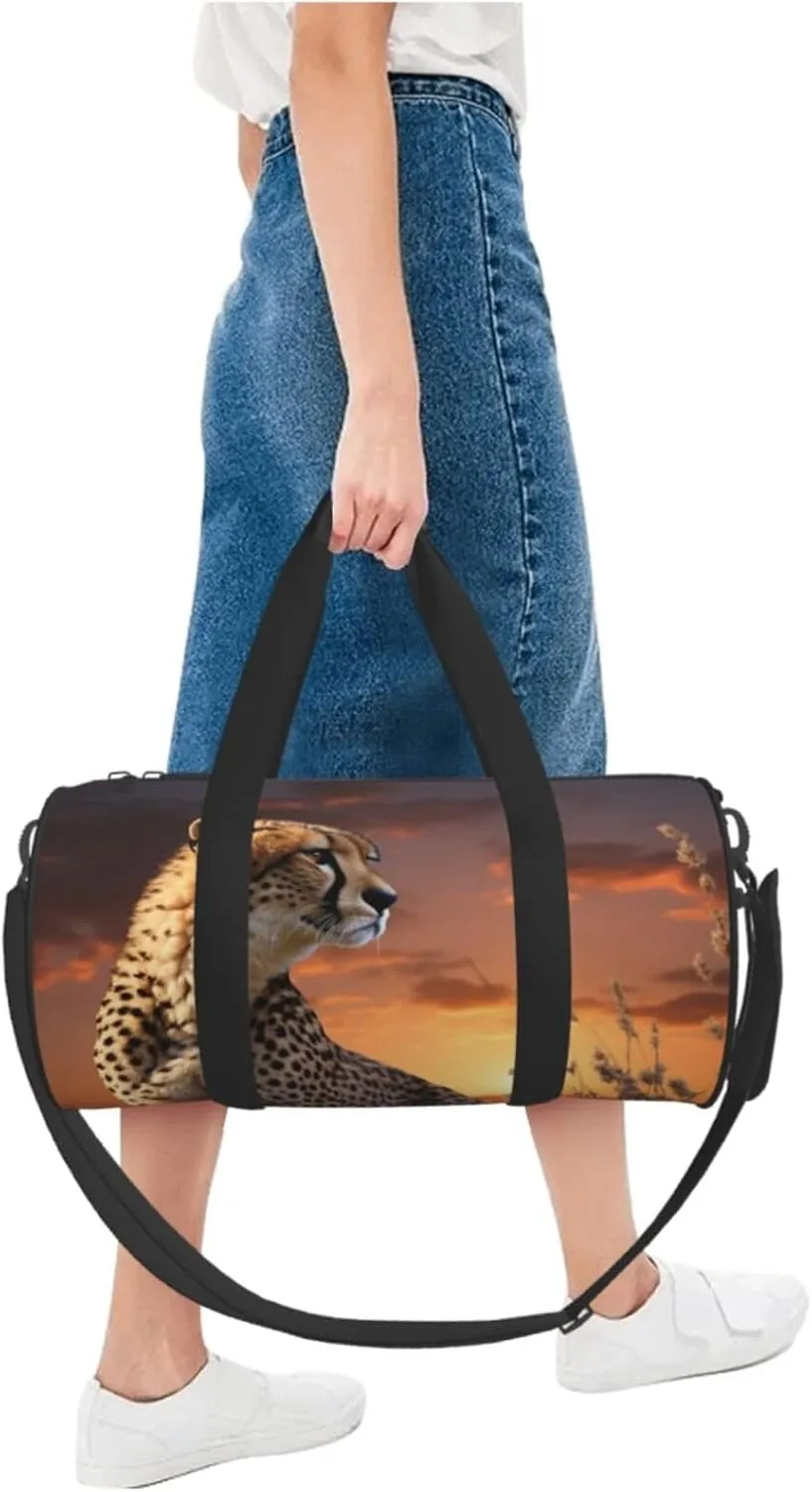 Sports Gym Bag for Women Men Travel Duffel Bag Tote Weekender Bag Carry on Overnight Bag for Travel Swimming Fitness Workout Sports Cheetah Looking Out Over Savanna with Sunset Duffle Bag