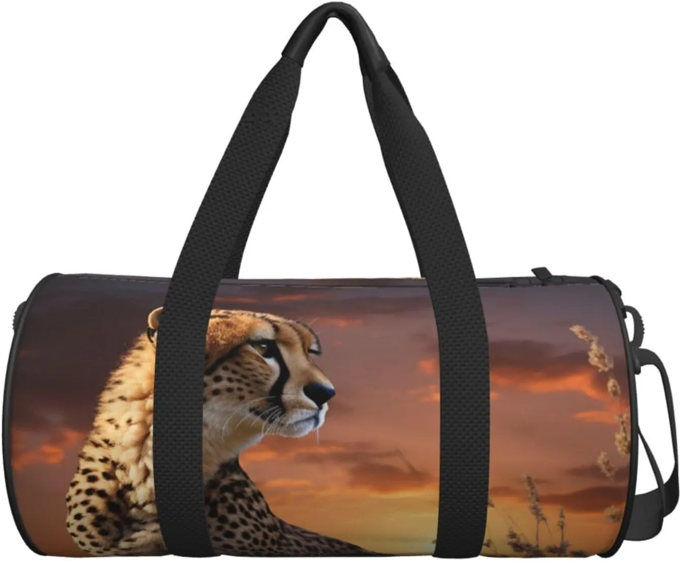 Sports Gym Bag for Women Men Travel Duffel Bag Tote Weekender Bag Carry on Overnight Bag for Travel Swimming Fitness Workout Sports Cheetah Looking Out Over Savanna with Sunset Duffle Bag