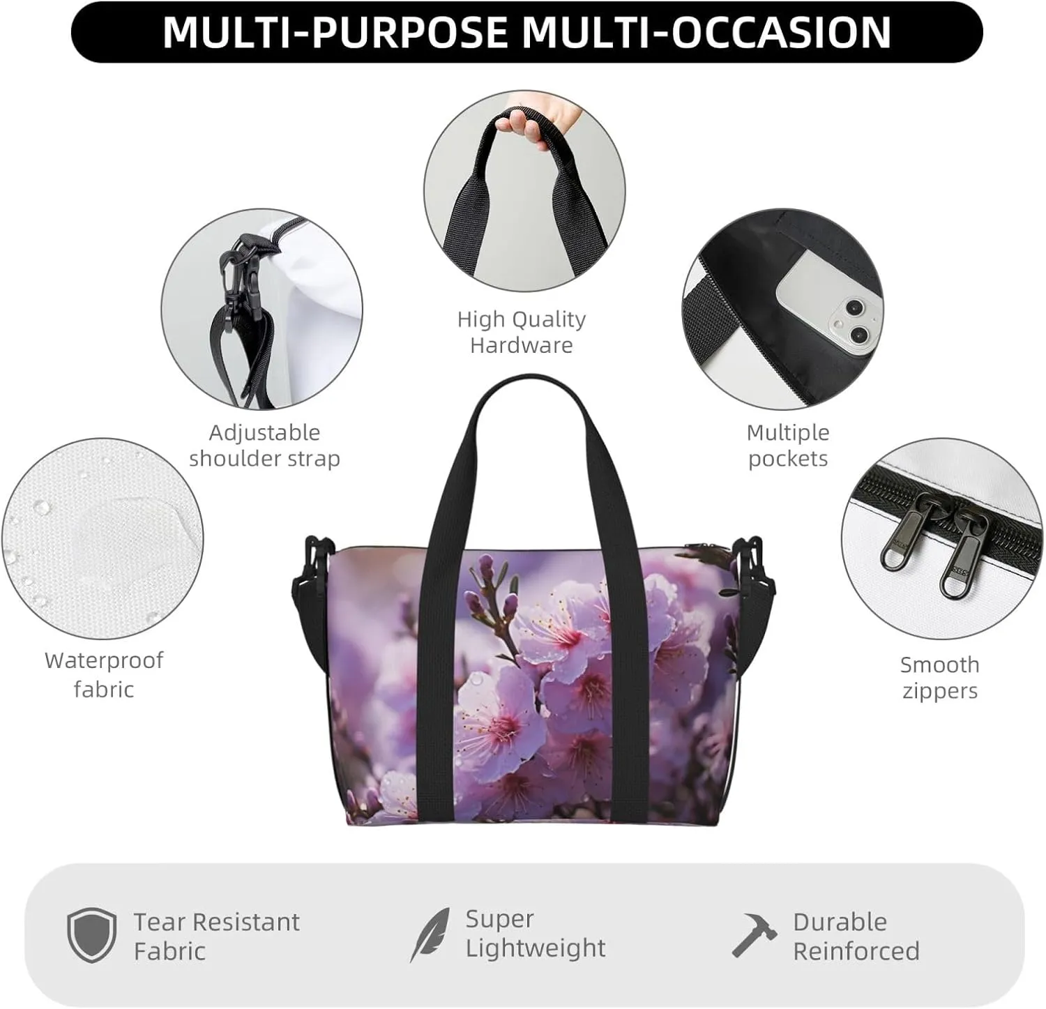 Sports Gym Bag for Women Men Travel Duffel Bag Tote Weekender Bag Carry on Overnight Bag for Travel Swimming Fitness Workout Sports Cherry Blossom Duffle Bag