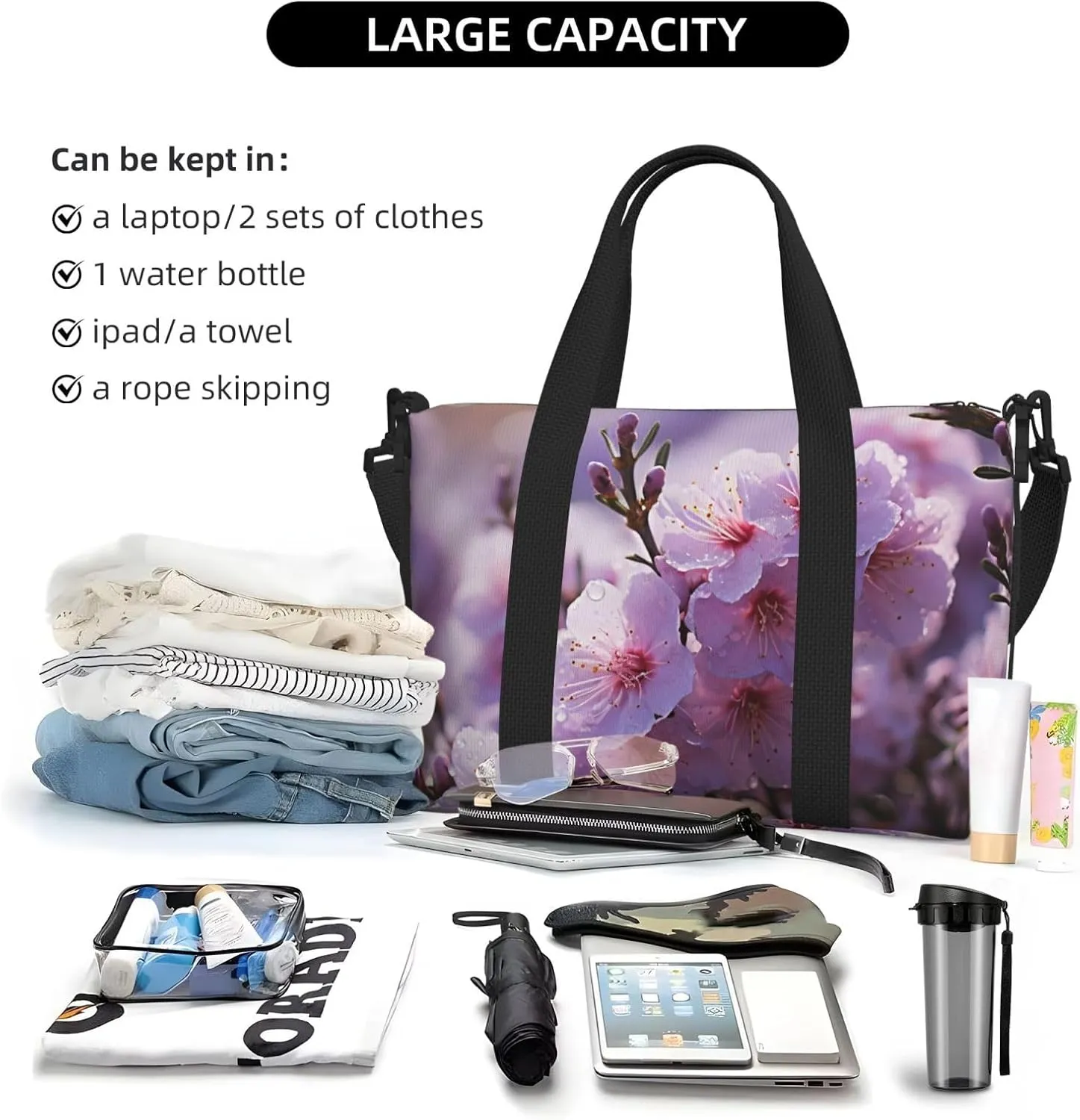 Sports Gym Bag for Women Men Travel Duffel Bag Tote Weekender Bag Carry on Overnight Bag for Travel Swimming Fitness Workout Sports Cherry Blossom Duffle Bag