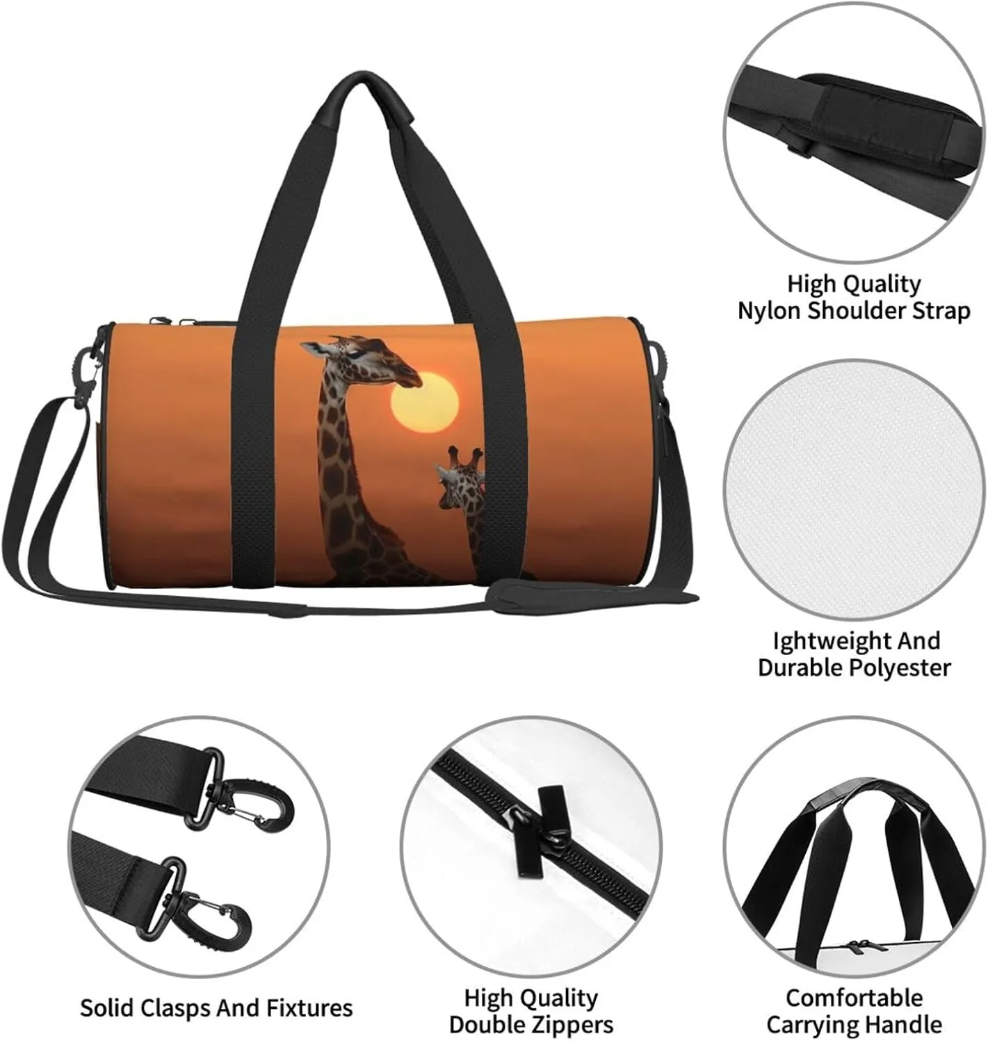 Sports Gym Bag for Women Men Travel Duffel Bag Tote Weekender Bag Carry on Overnight Bag for Travel Swimming Fitness Workout Sports Giraffe at sunset Duffle Bag
