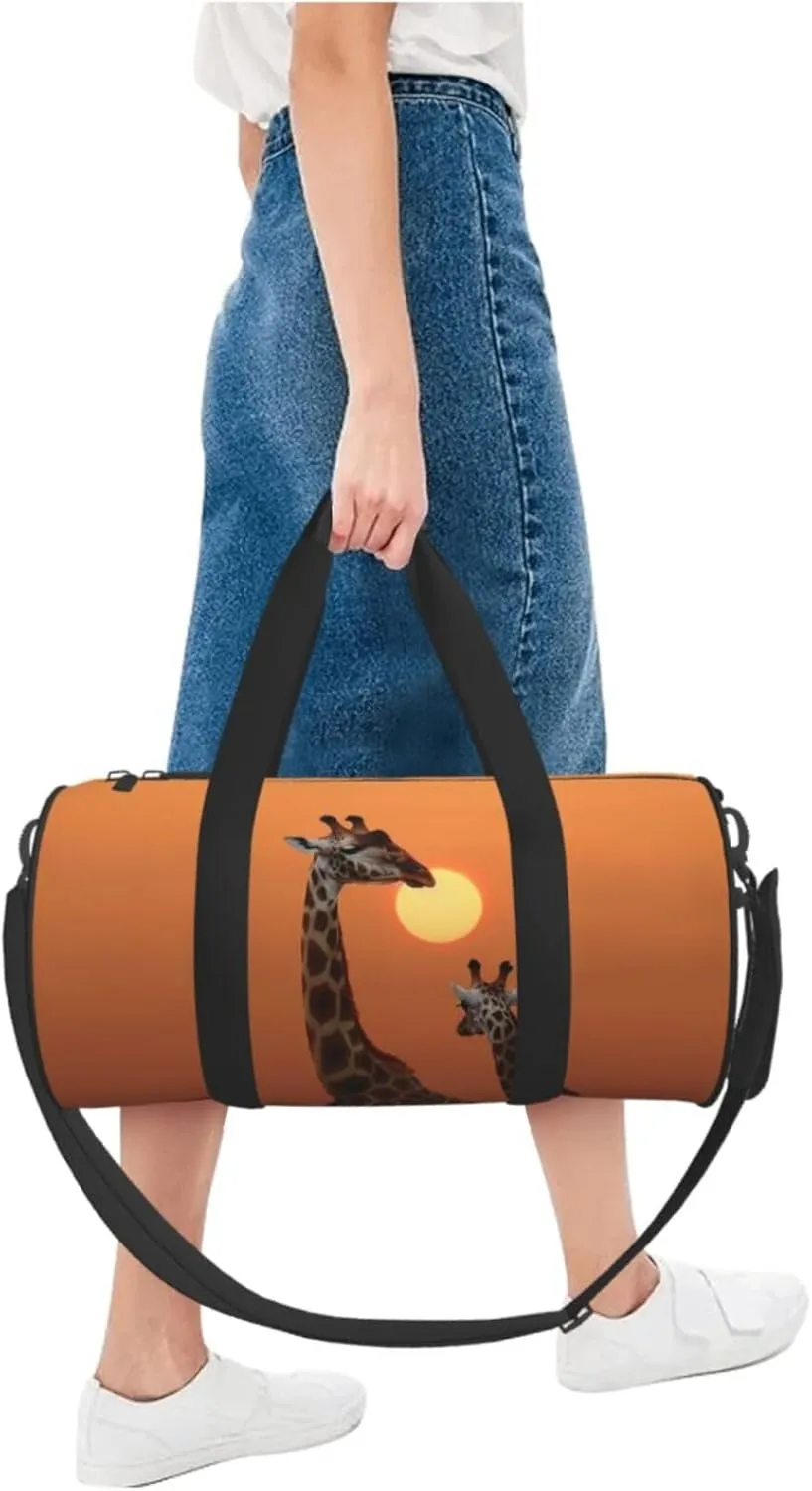 Sports Gym Bag for Women Men Travel Duffel Bag Tote Weekender Bag Carry on Overnight Bag for Travel Swimming Fitness Workout Sports Giraffe at sunset Duffle Bag