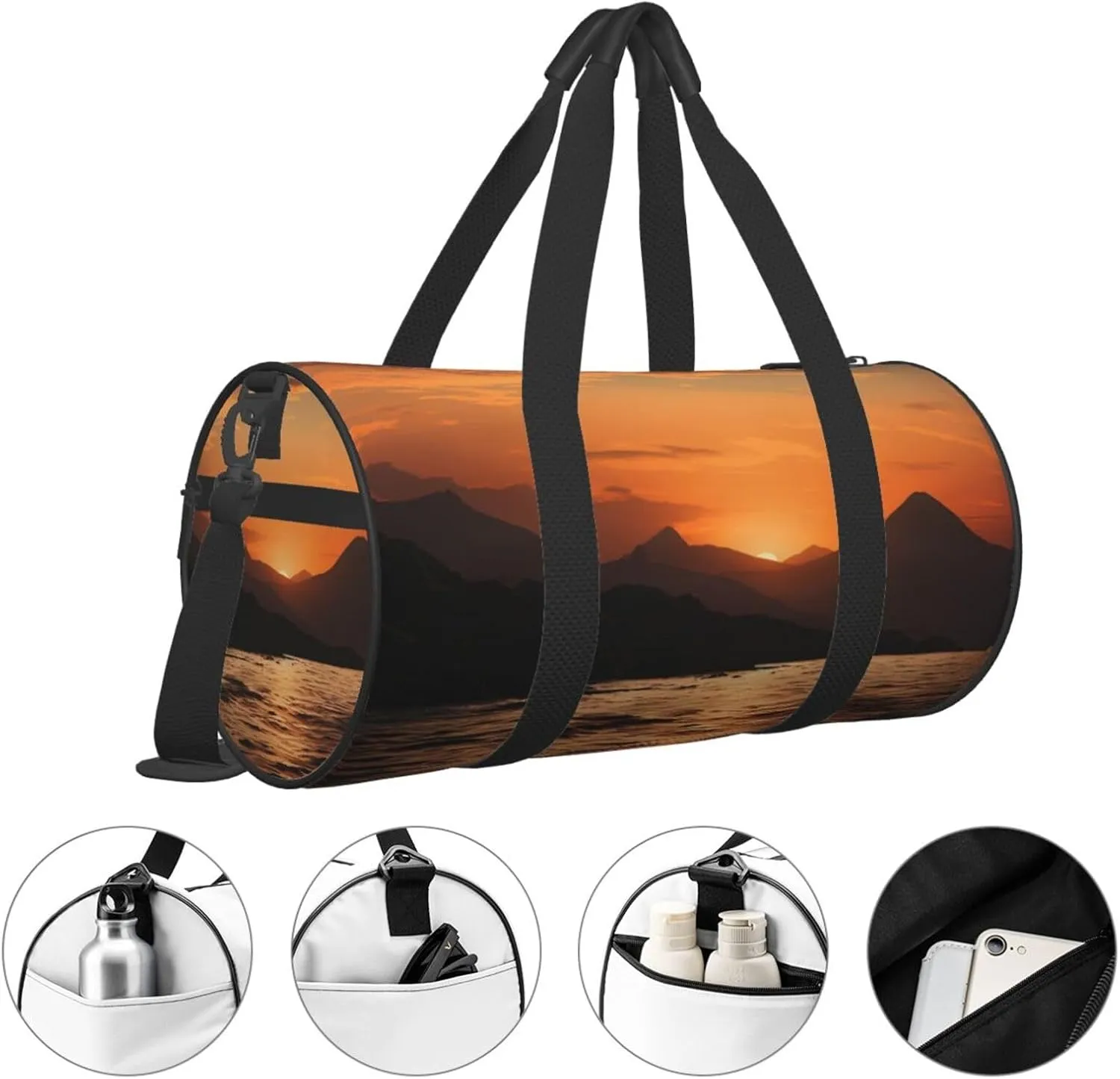 Sports Gym Bag for Women Men Travel Duffel Bag Tote Weekender Bag Carry on Overnight Bag for Travel Swimming Fitness Workout Sports Mountain and water at sunset Duffle Bag