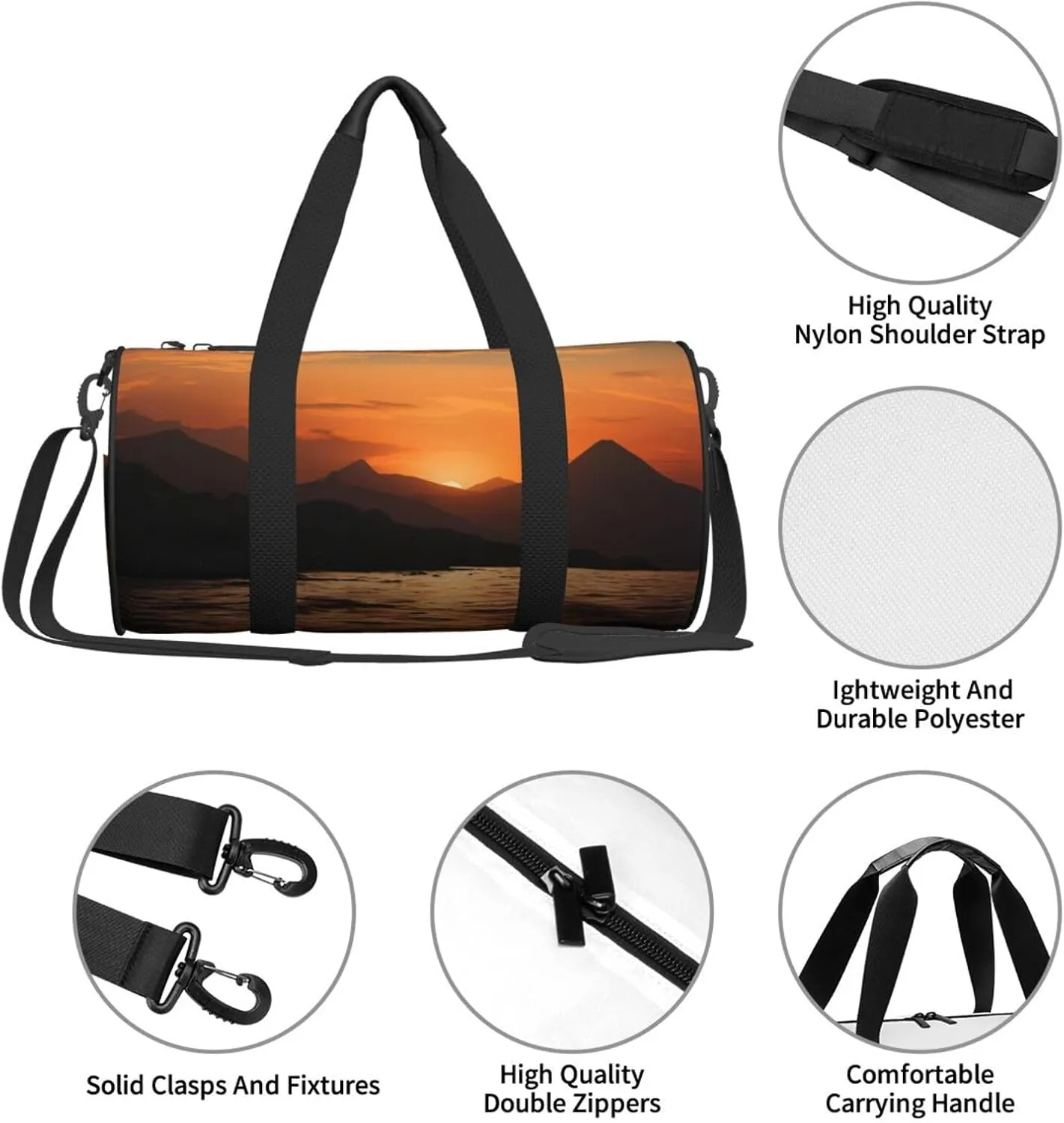 Sports Gym Bag for Women Men Travel Duffel Bag Tote Weekender Bag Carry on Overnight Bag for Travel Swimming Fitness Workout Sports Mountain and water at sunset Duffle Bag