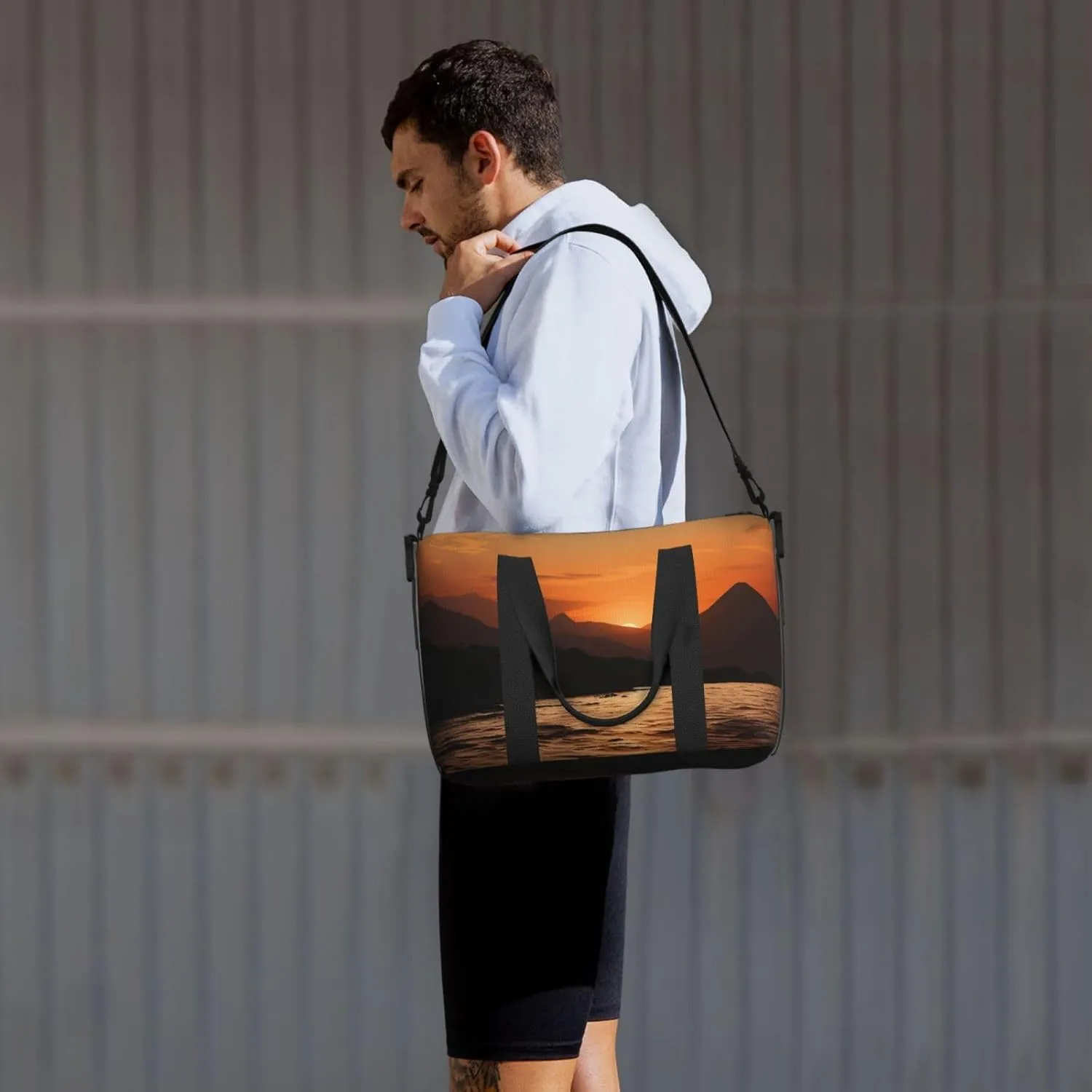 Sports Gym Bag for Women Men Travel Duffel Bag Tote Weekender Bag Carry on Overnight Bag for Travel Swimming Fitness Workout Sports Mountain and water at sunset Duffle Bag