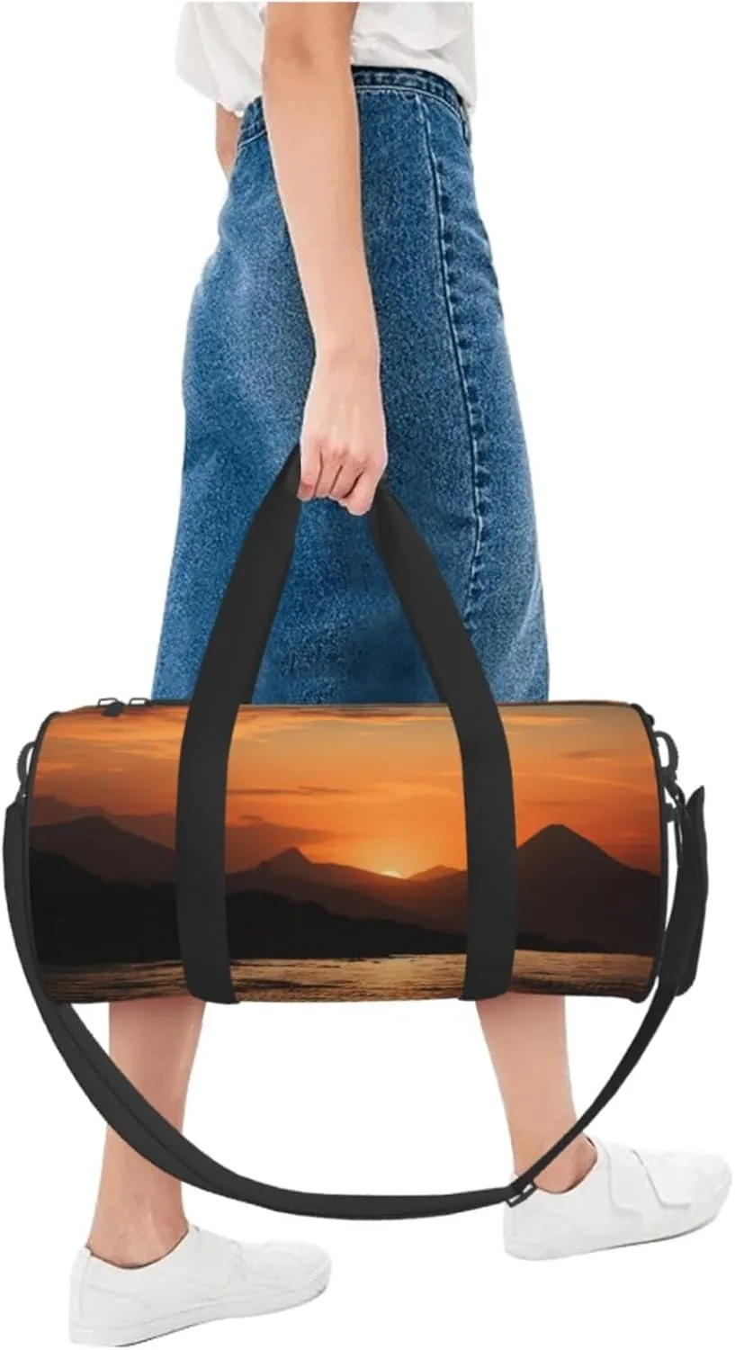 Sports Gym Bag for Women Men Travel Duffel Bag Tote Weekender Bag Carry on Overnight Bag for Travel Swimming Fitness Workout Sports Mountain and water at sunset Duffle Bag