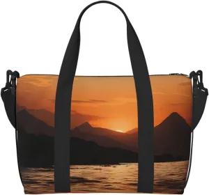 Sports Gym Bag for Women Men Travel Duffel Bag Tote Weekender Bag Carry on Overnight Bag for Travel Swimming Fitness Workout Sports Mountain and water at sunset Duffle Bag