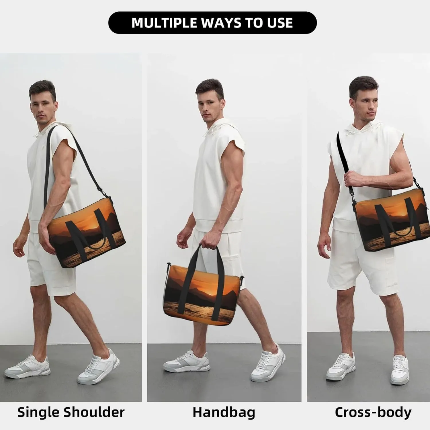 Sports Gym Bag for Women Men Travel Duffel Bag Tote Weekender Bag Carry on Overnight Bag for Travel Swimming Fitness Workout Sports Mountain and water at sunset Duffle Bag