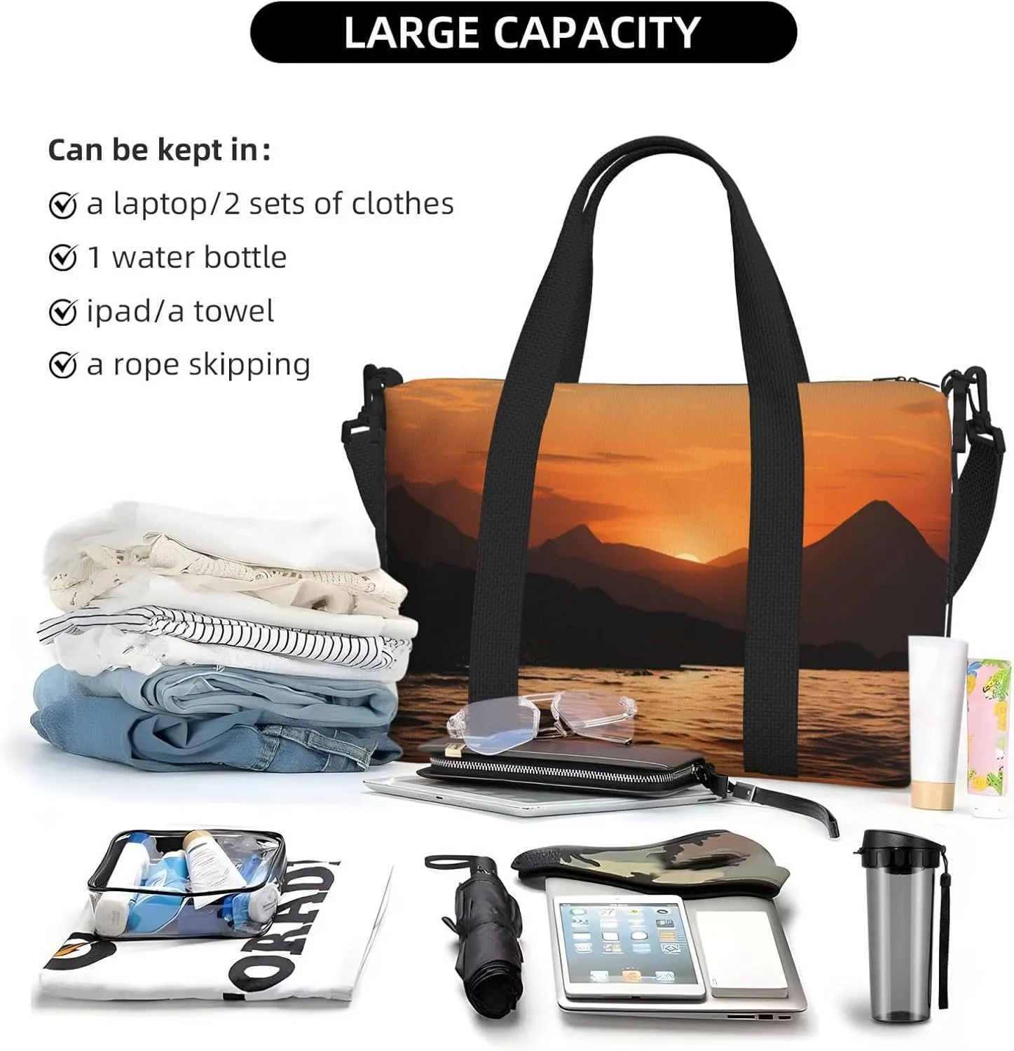 Sports Gym Bag for Women Men Travel Duffel Bag Tote Weekender Bag Carry on Overnight Bag for Travel Swimming Fitness Workout Sports Mountain and water at sunset Duffle Bag