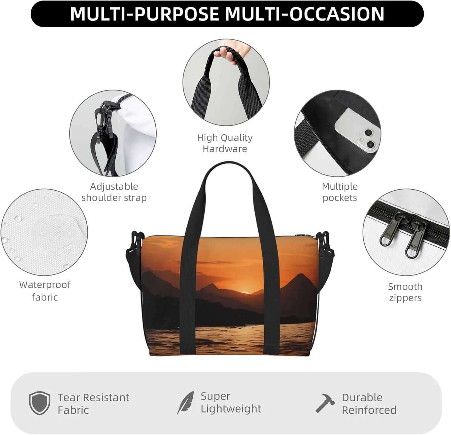 Sports Gym Bag for Women Men Travel Duffel Bag Tote Weekender Bag Carry on Overnight Bag for Travel Swimming Fitness Workout Sports Mountain and water at sunset Duffle Bag