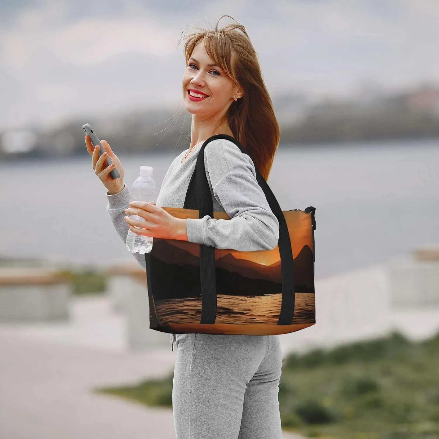 Sports Gym Bag for Women Men Travel Duffel Bag Tote Weekender Bag Carry on Overnight Bag for Travel Swimming Fitness Workout Sports Mountain and water at sunset Duffle Bag