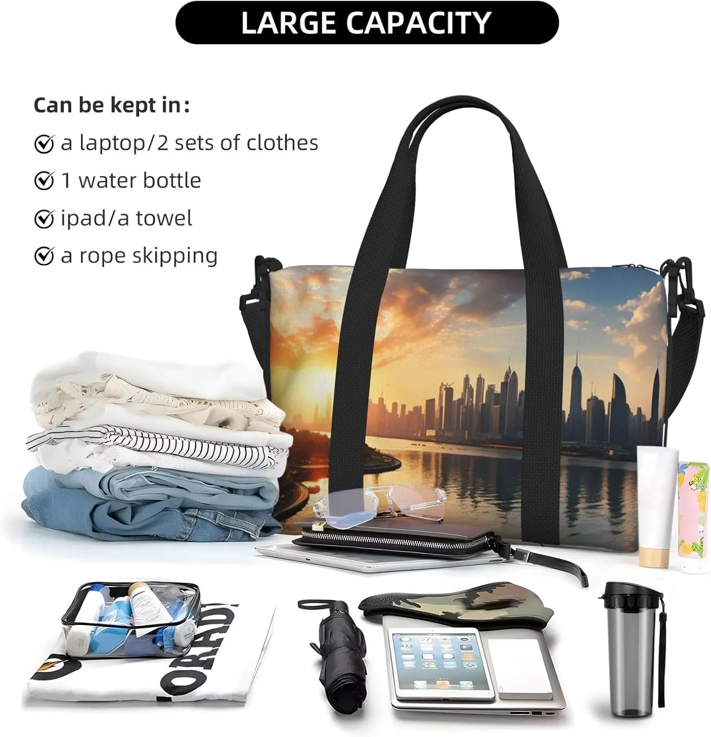 Sports Gym Bag for Women Men Travel Duffel Bag Tote Weekender Bag Carry on Overnight Bag for Travel Swimming Fitness Workout Sports New York in the sunset Duffle Bag