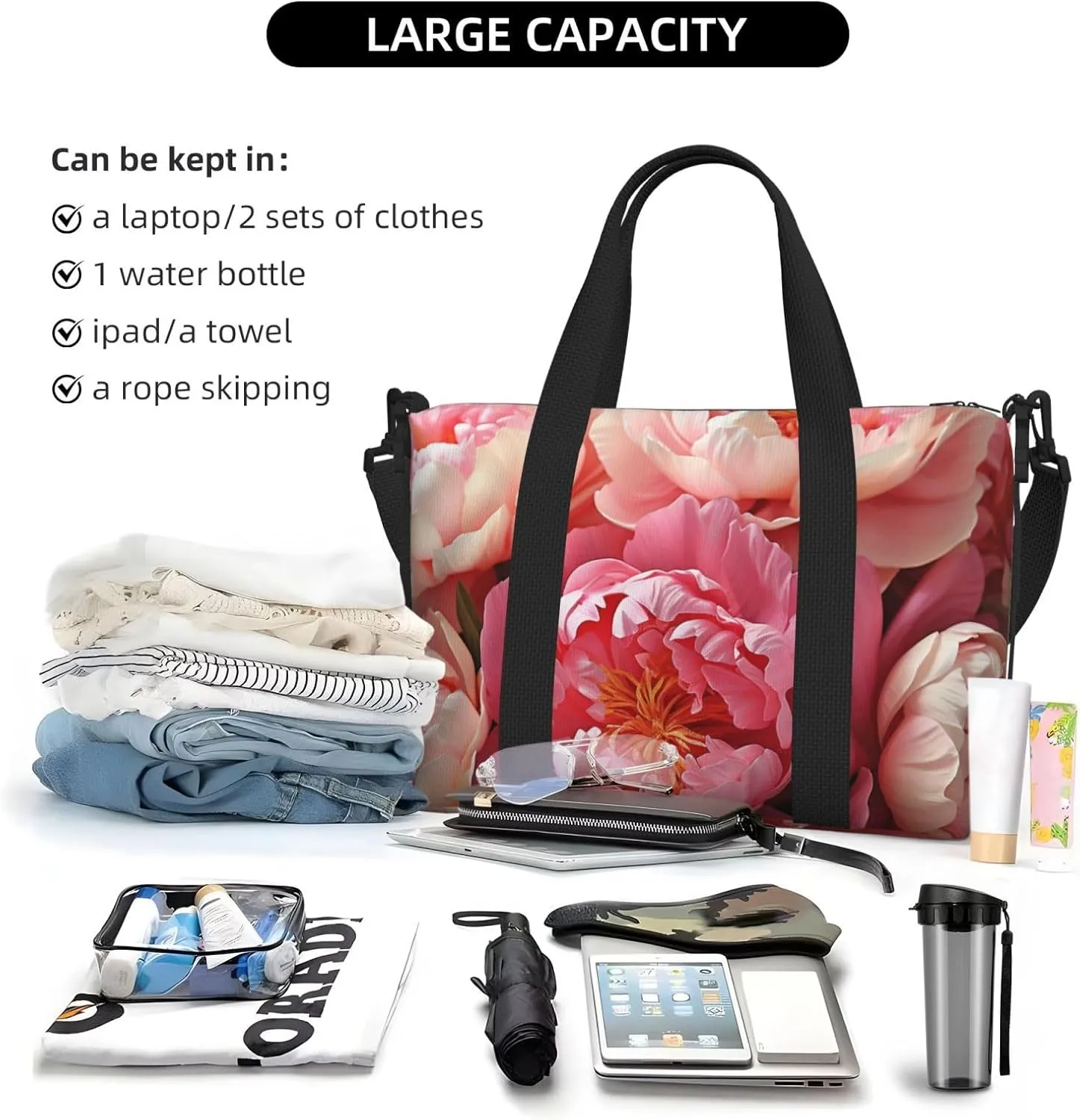 Sports Gym Bag for Women Men Travel Duffel Bag Tote Weekender Bag Carry on Overnight Bag for Travel Swimming Fitness Workout Sports Peony flowers blossom Duffle Bag