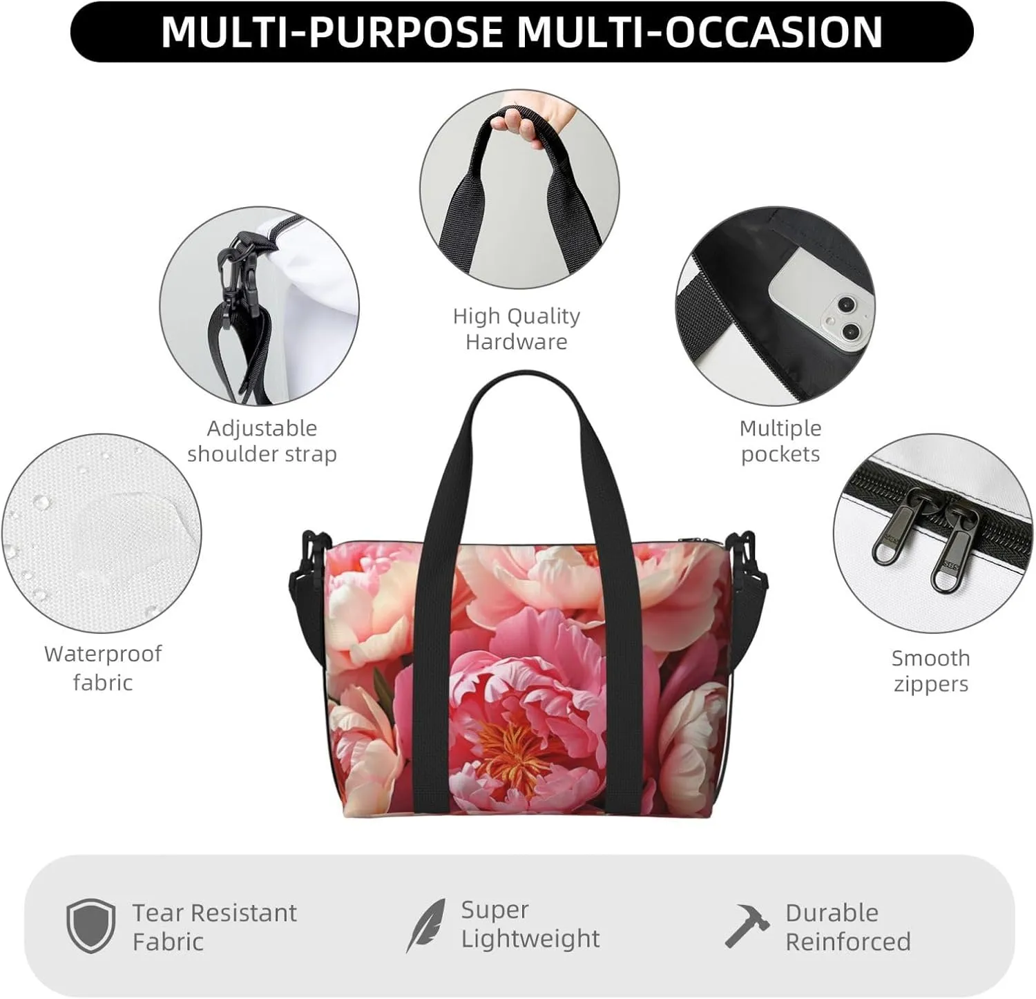 Sports Gym Bag for Women Men Travel Duffel Bag Tote Weekender Bag Carry on Overnight Bag for Travel Swimming Fitness Workout Sports Peony flowers blossom Duffle Bag