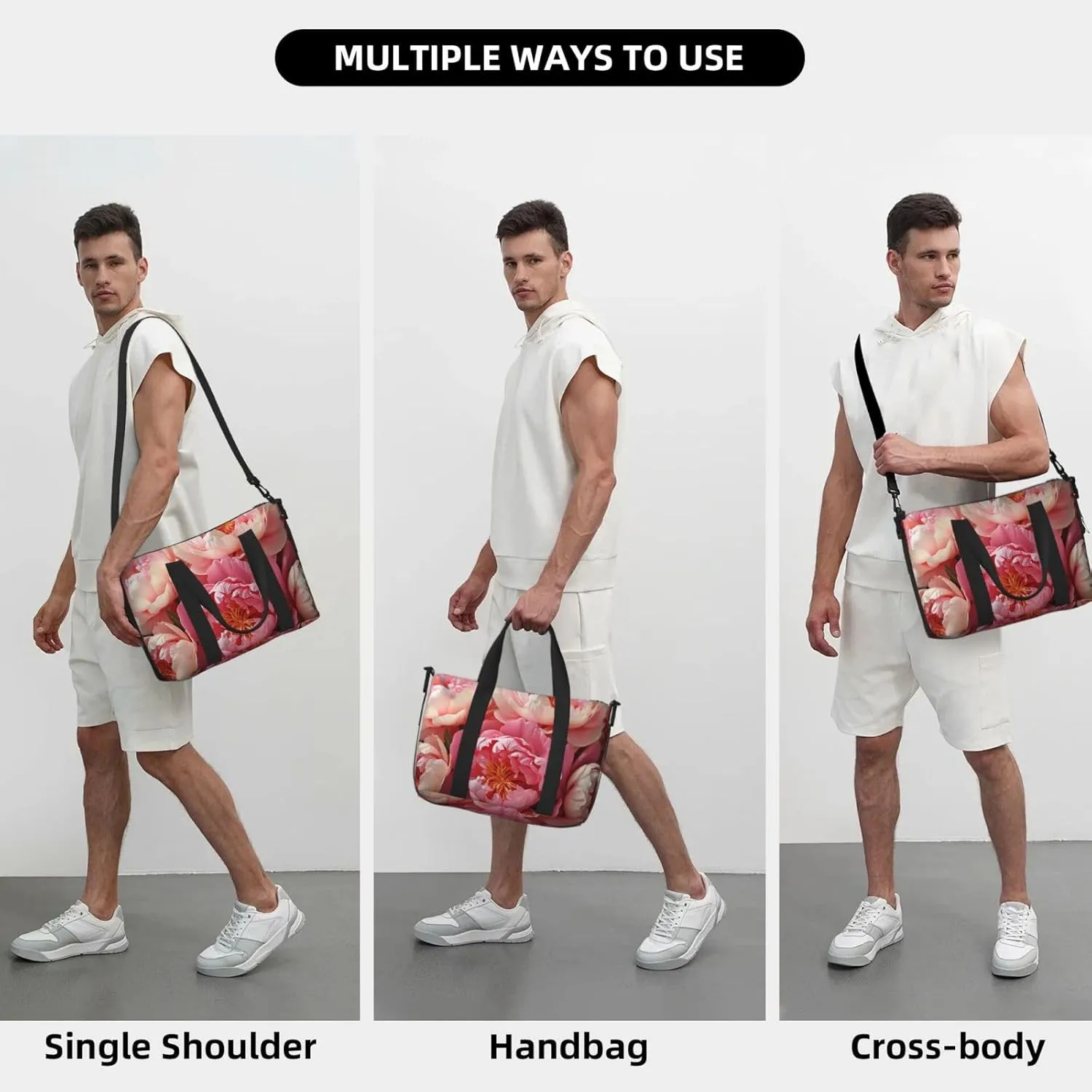 Sports Gym Bag for Women Men Travel Duffel Bag Tote Weekender Bag Carry on Overnight Bag for Travel Swimming Fitness Workout Sports Peony flowers blossom Duffle Bag