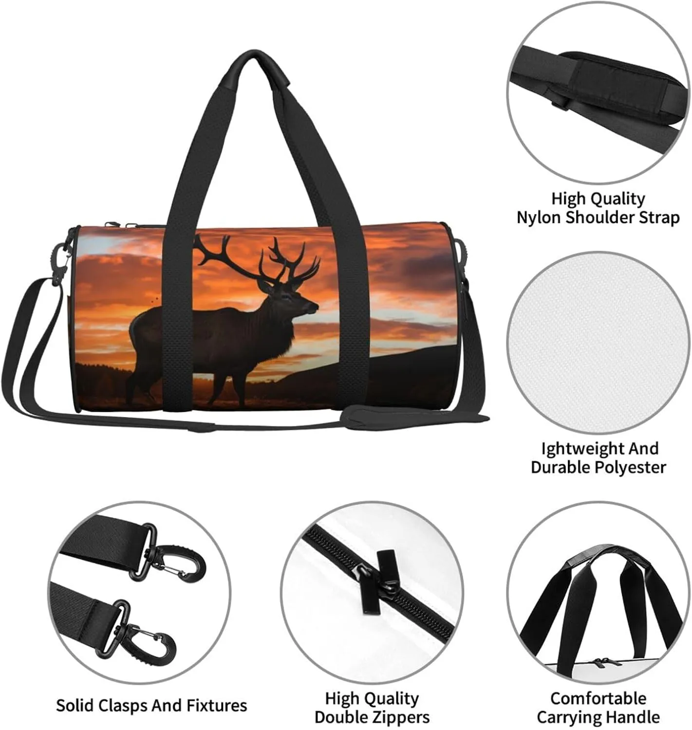 Sports Gym Bag for Women Men Travel Duffel Bag Tote Weekender Bag Carry on Overnight Bag for Travel Swimming Fitness Workout Sports Red Deer Bull Elk Sunset Duffle Bag