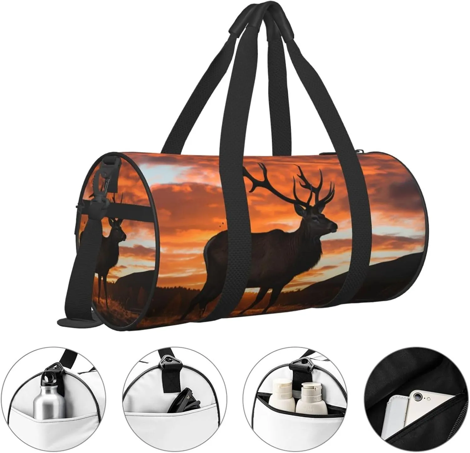 Sports Gym Bag for Women Men Travel Duffel Bag Tote Weekender Bag Carry on Overnight Bag for Travel Swimming Fitness Workout Sports Red Deer Bull Elk Sunset Duffle Bag