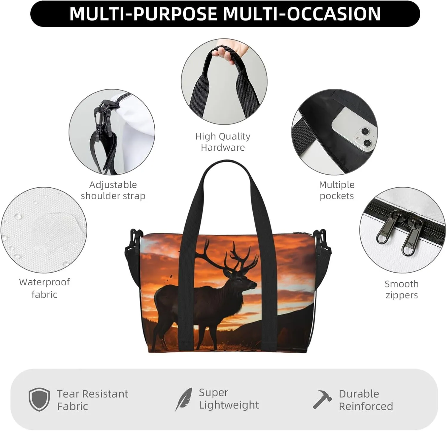 Sports Gym Bag for Women Men Travel Duffel Bag Tote Weekender Bag Carry on Overnight Bag for Travel Swimming Fitness Workout Sports Red Deer Bull Elk Sunset Duffle Bag